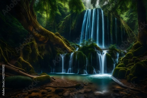 big tree, waterfall, universe, fairyland, sparkling, sharp, detailed, panoramic - AI Generative