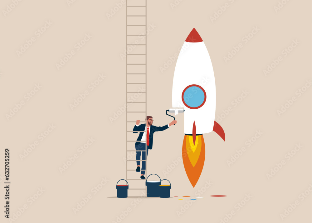 Businessman climb up stepladder to paint a wall innovative rocket. Funding startup company or venture capital investment. Flat vector illustration. Businessman climb up stepladder to paint a wall innovative rocket. Funding startup company or venture capital investment. Flat vector illustration.