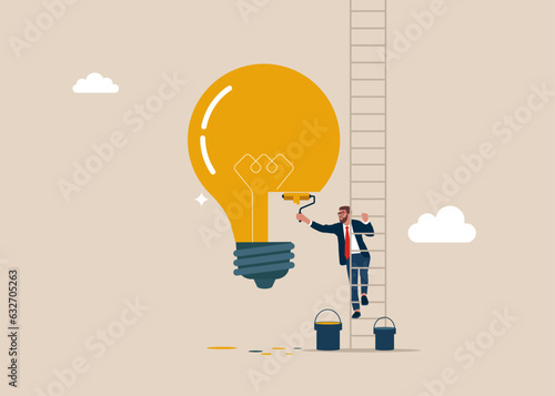 Businessman climb up stepladder to paint a wall idea light bulb. Modern vector illustration in flat style.
