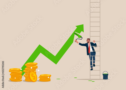 Businessman climb up stepladder to paint a wall arrow up. Success in business and career. Analyze data, profit and Company growth. Flat vector illustration.

