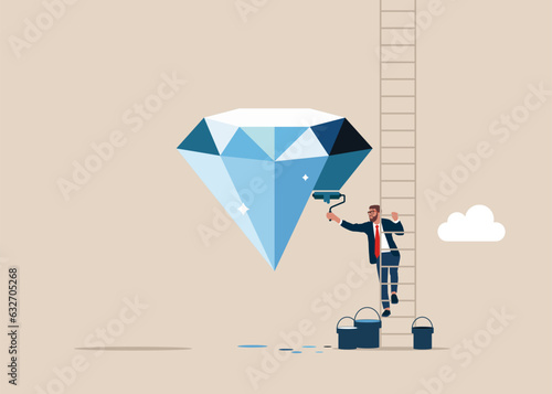 Businessman climb up stepladder to paint a wall symbol of the diamond. Inflation high up. Flat vector illustration