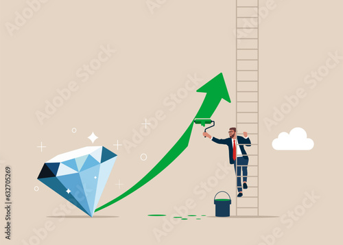 Businessman climb up stepladder to paint a wall symbol of the diamond. Inflation high up. High global inflation. FED interest rate hike. floating interest. Flat vector illustration