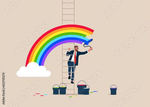Businessman climb up stepladder to paint a wall picture of a rainbow. Uncommon and unusual plans. Different and unique vision. Business and dreams. Vector illustration