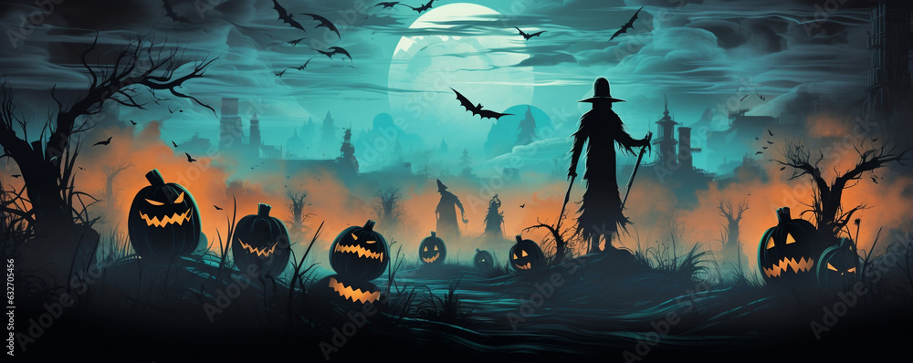Glowing pumpkins, glowing eyes, fog, ghosts. Illustration with copy space - obrazy, fototapety, plakaty 