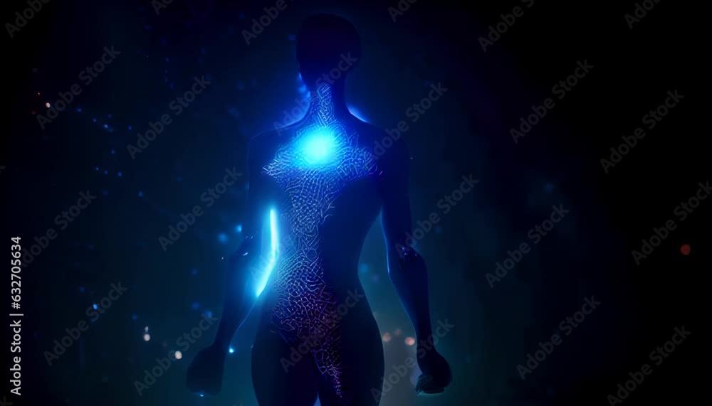 a person standing in the space with glowing blue light behind it. high technologies of the future. Generative AI a person standing in the space with glowing blue light behind it. high technologies of the future. Generative AI