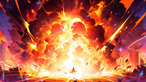 Massive Explosion Epic Anime Style Illustration Wallpaper Background, Generative AI photo