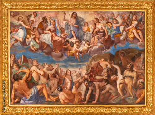 GENOVA, ITALY - MARCH 5, 2023: The fresco of Last Judgment in the church Chiesa del Gesu by Giovanni Battista and his brother Giovanni Carlone from 17. cent. 