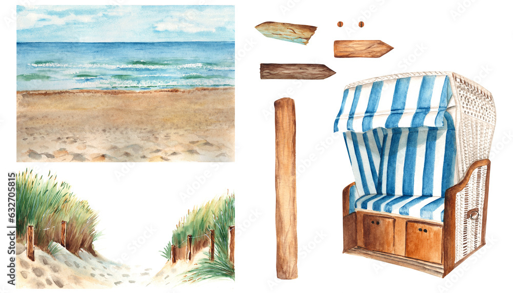Watercolor Baltic sea set. Baltic sea beach with sand dunes, ostsee panorama, arrows trafic signs for signpost, hooded beach chair. - obrazy, fototapety, plakaty 