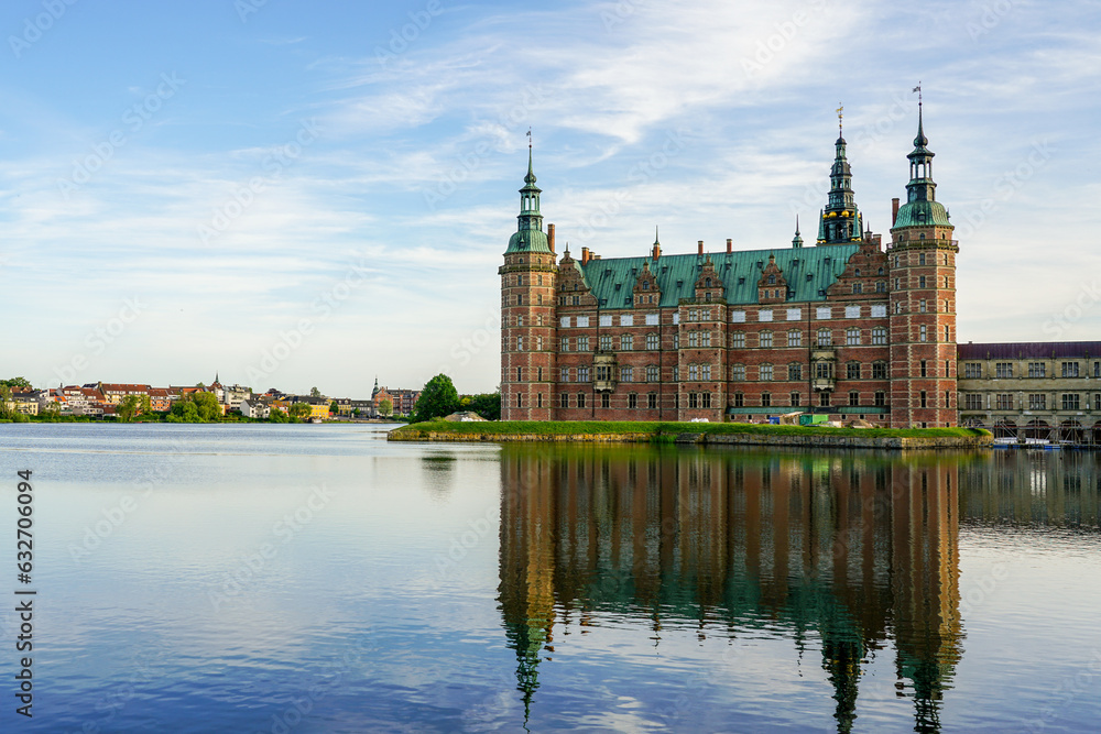 Fototapeta premium Frederiksborg castle in Hillerod, lakeside facade, beautiful facade reflection in lake water