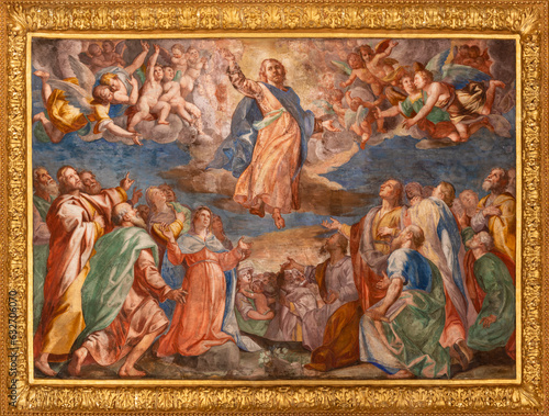 GENOVA, ITALY - MARCH 5, 2023: The fresco of Ascension of the Lord in the church Chiesa del Gesu by Giovanni Battista and his brother Giovanni Carlone from 17. cent. 