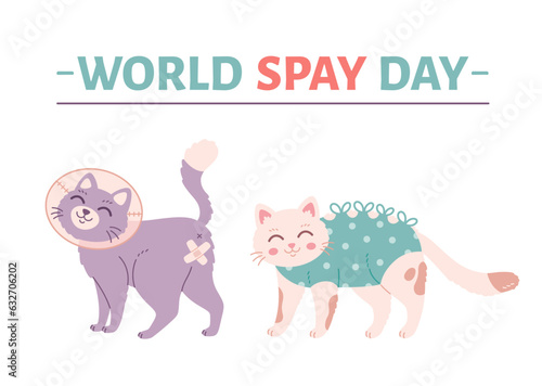 Animal spay or neuter. Cat in veterinary collar. Sterilization of pets. World spay day. Vector illustration in flat style