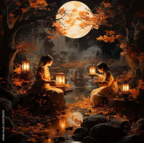 Photo of 2 beautiful girls under the moon Diwali festival mid autumn festival or lantern festival