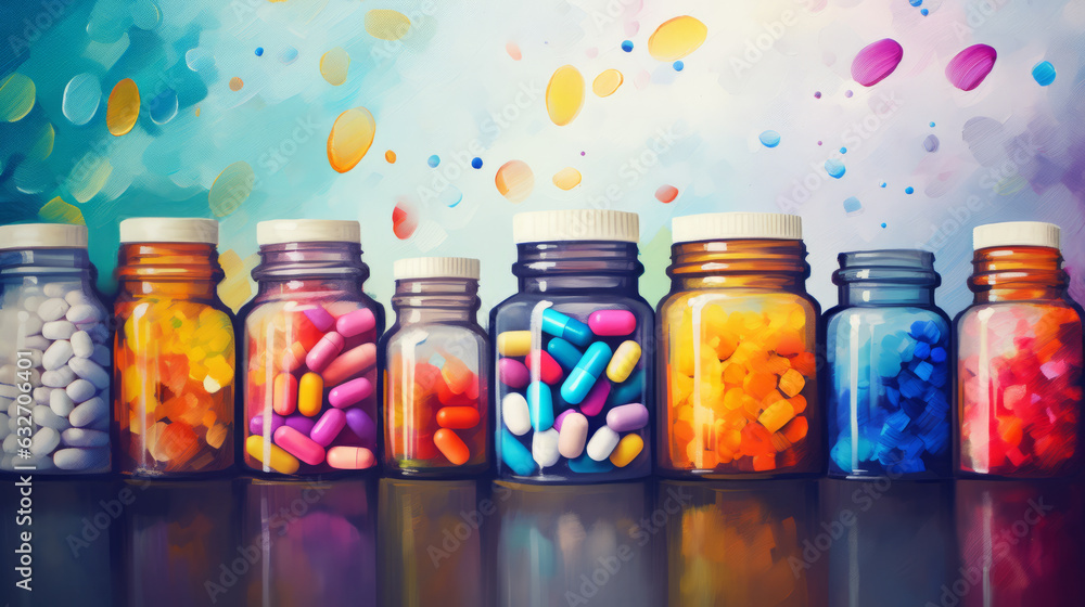 Colorful pills in glass jars - obrazy, fototapety, plakaty 