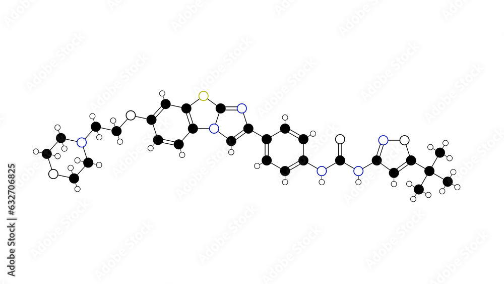 quizartinib molecule, structural chemical formula, ball-and-stick model, isolated image small molecule receptor tyrosine kinase inhibitor - obrazy, fototapety, plakaty 