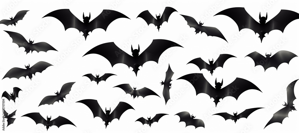 Flock of bats on white background, silhouette bats fly in the sky, halloween, AI Generation Flock of bats on white background, silhouette bats fly in the sky, halloween, AI Generation