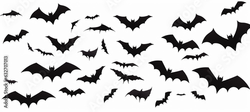 Flock of bats on white background, silhouette bats fly in the sky, halloween, AI Generation