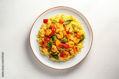 Gourmet regional cuisine: traditional cornmeal porridge couscous with vegetables on a white background, top view photo