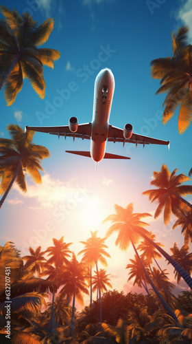 An airplane flying over a tropical island
