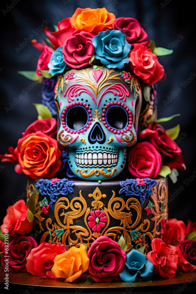 Day of the Dead cake dessert, sugar skull, flowers, gourmet food, tiered cake, vertical