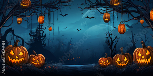 Glowing pumpkins, glowing eyes, fog, ghosts, with copy space