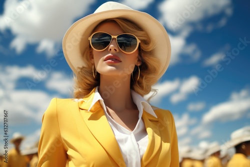 A woman wearing a yellow suit and hat. AI.