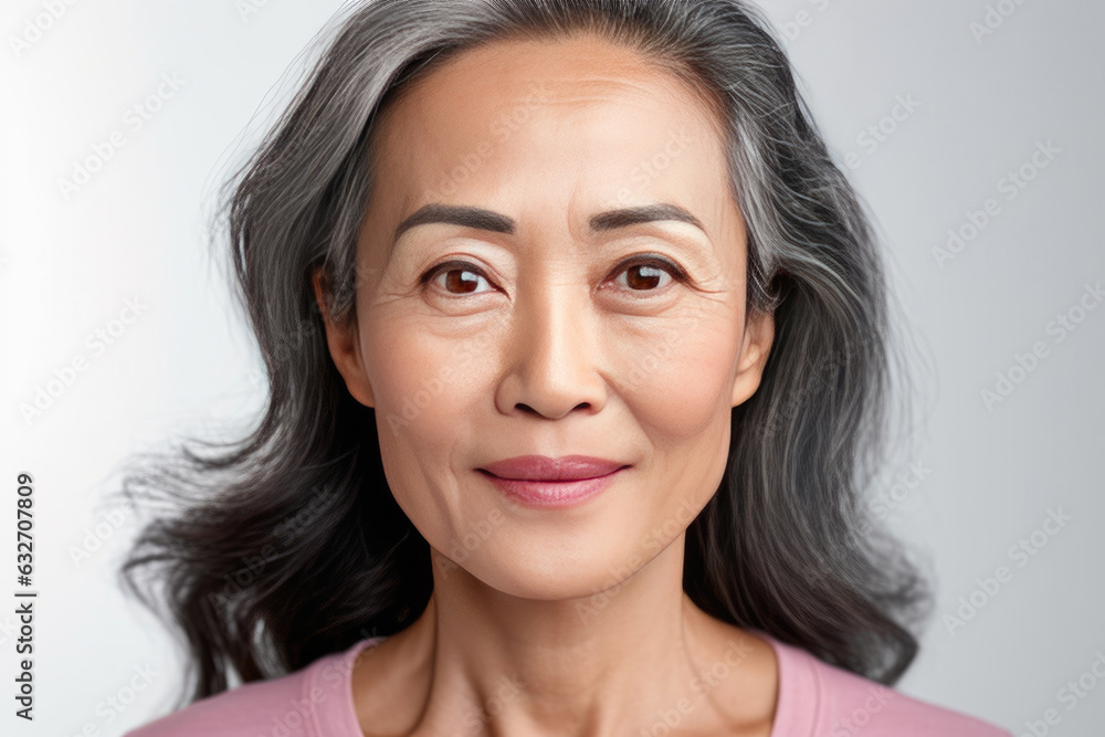 Asian beautiful gorgeous 50s mid aged mature woman looking at camera isolated on white. Mature old lady close up portrait. Healthy face skin care beauty. Generative Ai Asian beautiful gorgeous 50s mid aged mature woman looking at camera isolated on white. Mature old lady close up portrait. Healthy face skin care beauty. Generative Ai