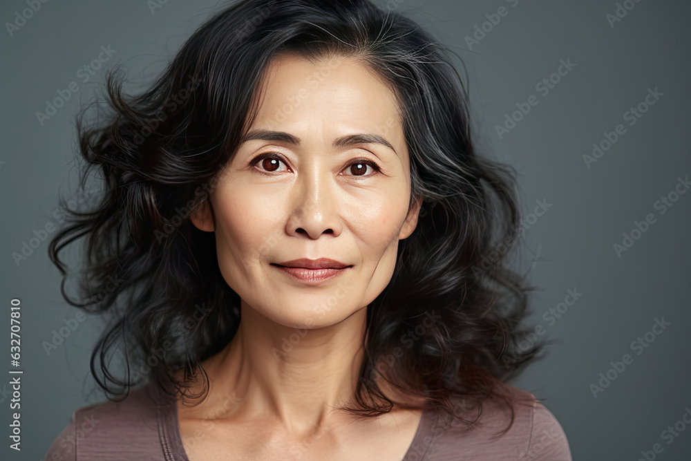 Asian beautiful gorgeous 50s mid aged mature woman looking at camera isolated on white. Mature old lady close up portrait. Healthy face skin care beauty. Generative Ai - obrazy, fototapety, plakaty 