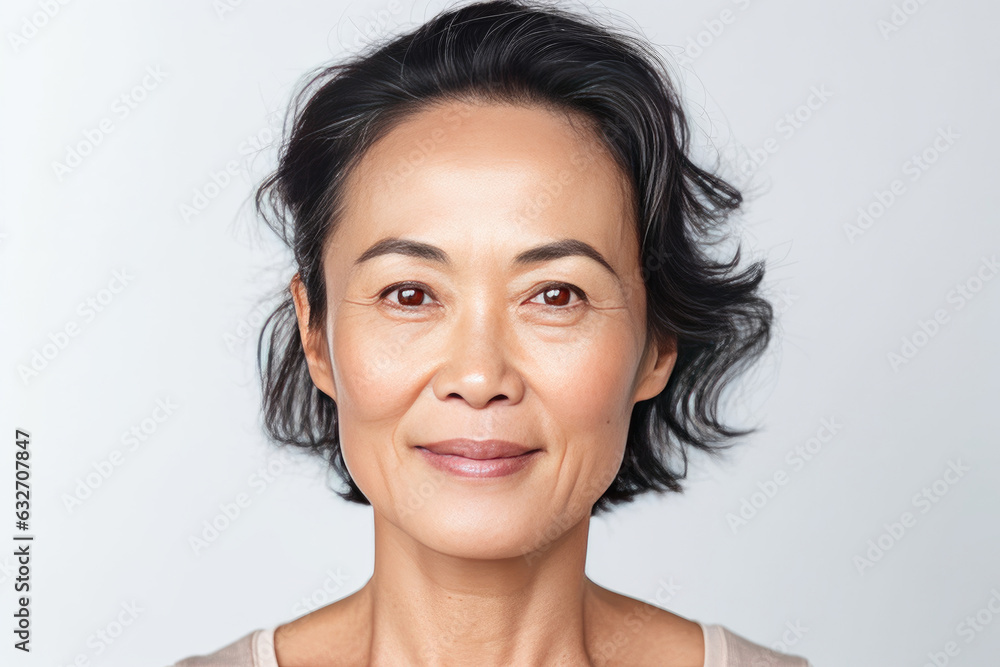 Asian beautiful gorgeous 50s mid aged mature woman looking at camera isolated on white. Mature old lady close up portrait. Healthy face skin care beauty. Generative Ai Asian beautiful gorgeous 50s mid aged mature woman looking at camera isolated on white. Mature old lady close up portrait. Healthy face skin care beauty. Generative Ai