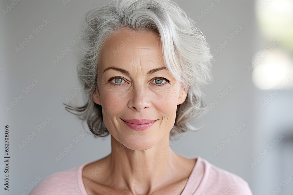 Beautiful gorgeous 50s mid aged mature woman looking at camera isolated on white. Mature old lady close up portrait. Healthy face skin care beauty, middle age skincare cosmetics. Generative Ai