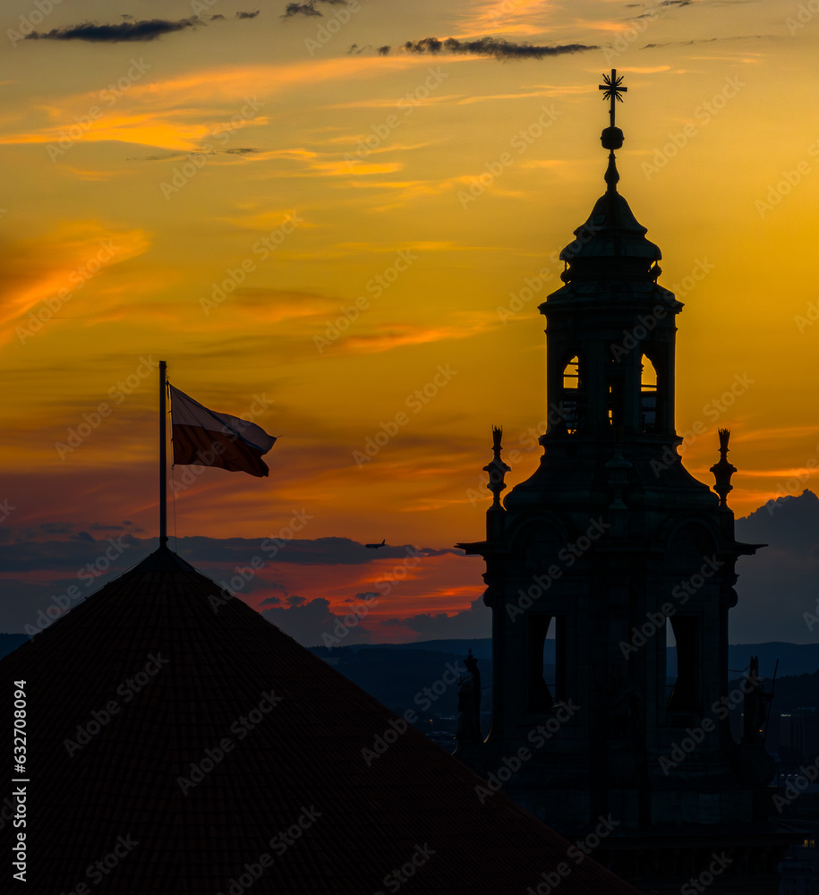 Tower on Wawel, royal castle in Krakow just after sunset. Poland, Europe. Aerial shots