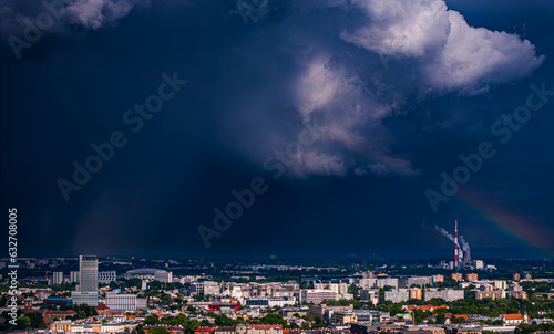 Poland, Krakow, the old town, and in the background a storm and a rainbow in Nowa Huta © Mateusz