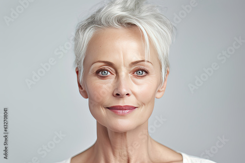 Beautiful gorgeous 50s mid aged mature woman looking at camera isolated on white. Mature old lady close up portrait. Healthy face skin care beauty  middle age skincare cosmetics. Generative Ai