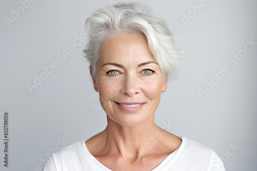 Beautiful gorgeous 50s mid aged mature woman looking at camera isolated on white. Mature old lady close up portrait. Healthy face skin care beauty, middle age skincare cosmetics. Generative Ai