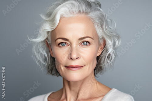 Beautiful gorgeous 50s mid aged mature woman looking at camera isolated on white. Mature old lady close up portrait. Healthy face skin care beauty  middle age skincare cosmetics. Generative Ai