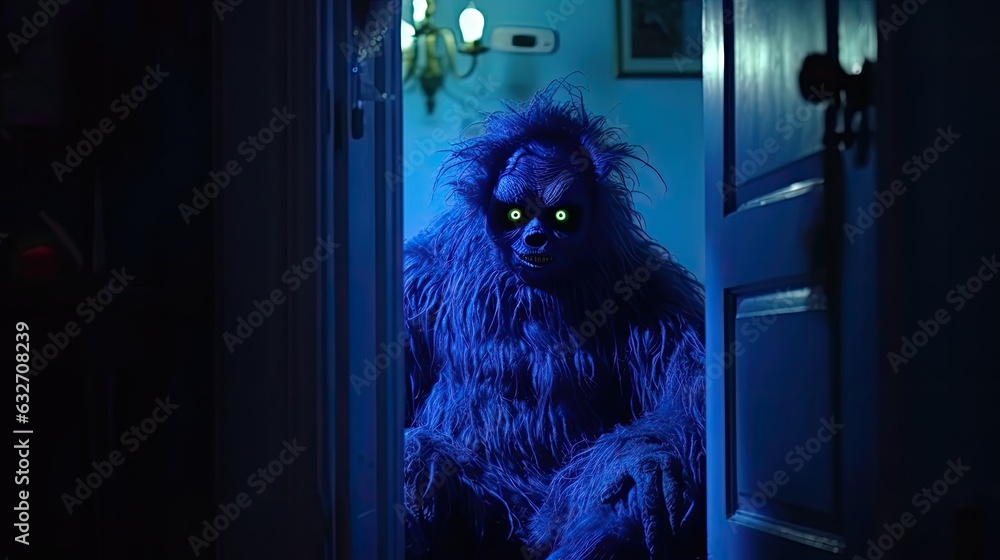 Behind the open door sits a scary ogre shaggy monster with glowing eyes. Facing your fear. Children's night terrors, dreams, fear. Fear of darkness concept. Illustration for cover, decor or print. - obrazy, fototapety, plakaty 