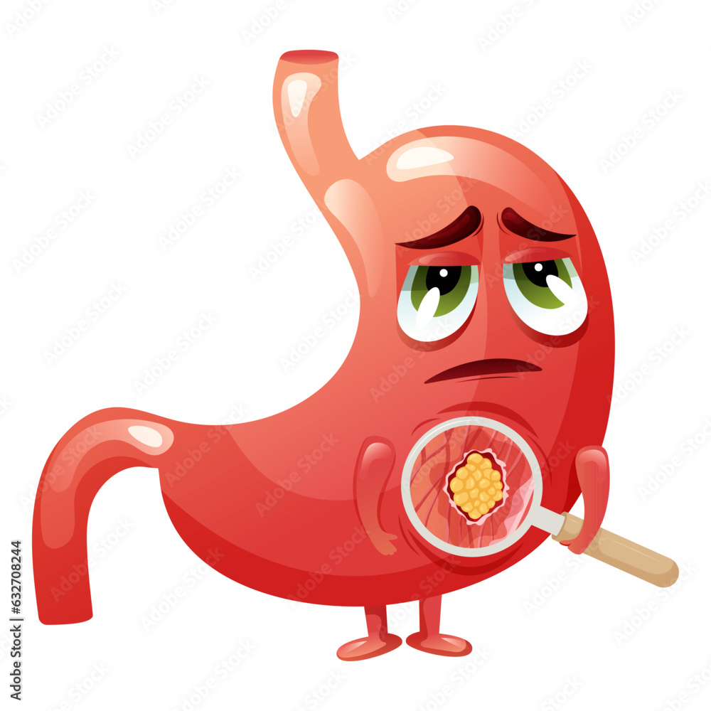 Stomach Cancer. Cute Cartoon Stomach Character With Face And Emotion Of 