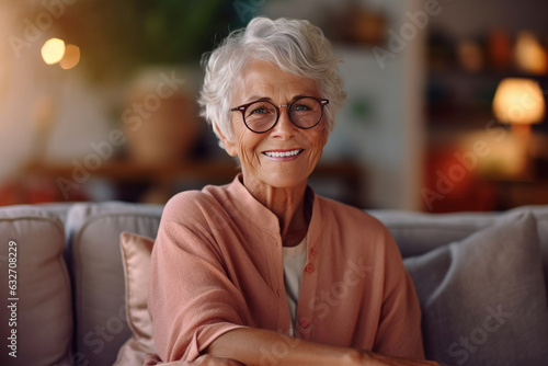 Happy old lady in glasses posing at home indoor, positive single senior retired female sitting on sofa in living room. Generative Ai