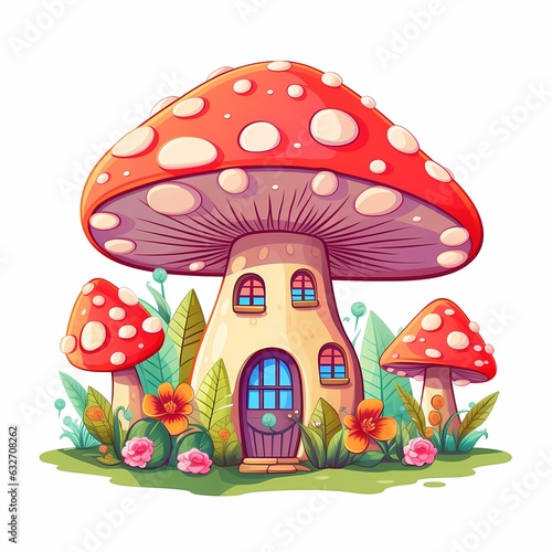 colorful cartoon mushrooms houses in the grass isolated on white background