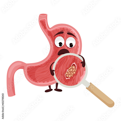 Stomach cancer. Cute cartoon stomach character with face and emotion of fear. Cancerous tumor under magnifying glass. Anatomical vector illustration isolated.