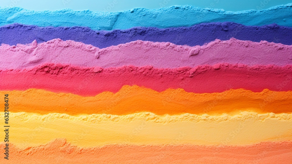 Close up of stripes of rainbow coloured sand and copy space on white background Close up of stripes of rainbow coloured sand and copy space on white background