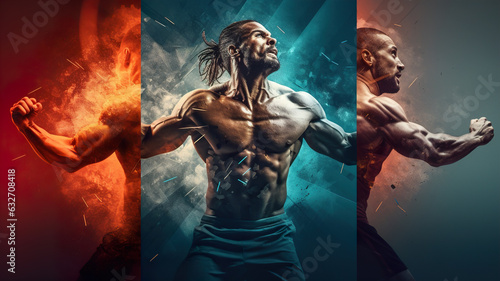 Collage of strong athletic men on orange and blue background