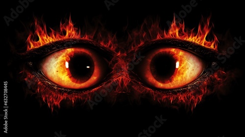 red monster night eyes with fire closeup isolated on black