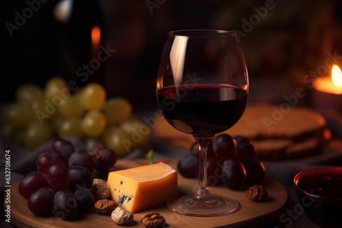 A glass of red wine with cheese and fruit pairing, Drinks, bokeh 