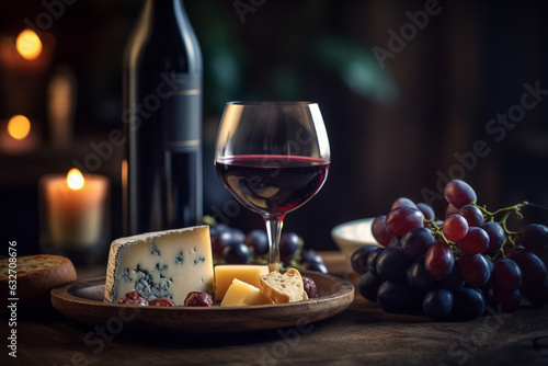 A glass of red wine with cheese and fruit pairing, Drinks, bokeh 