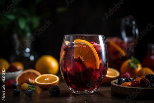 A fruity sangria with mixed berries and citrus slices, Drinks, bokeh 