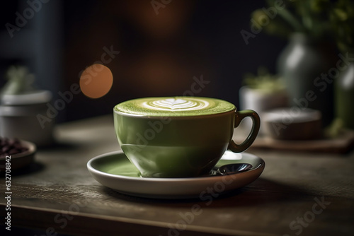 A creamy matcha latte with latte art, Drinks, bokeh 