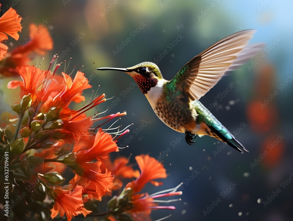 Winziger Wirbelwind: Kolibri in beeindruckender Flugpose - obrazy, fototapety, plakaty 