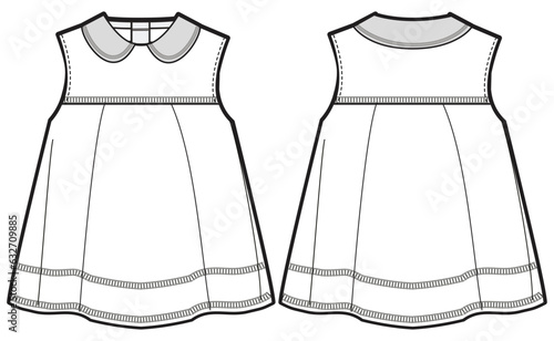 Baby girl sleeveless empire dress design with round collar flat sketch fashion illustration vector template with front and back view, Toddler baby girl peter pan collar frock dress cad drawing