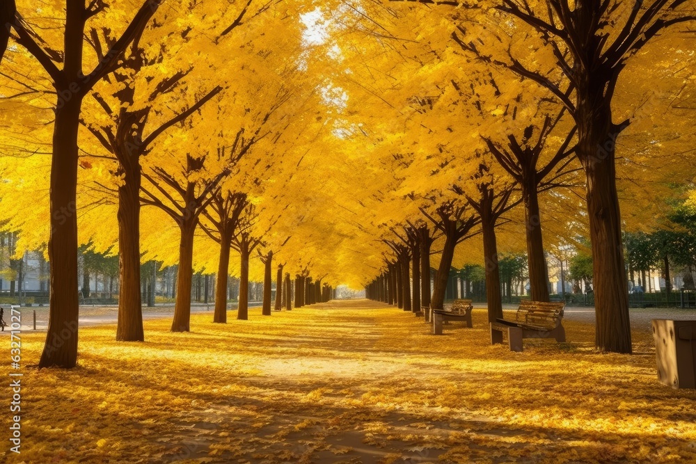 Naklejka premium Urban Oasis City Park Transformed by Yellow Fall Leaves Generative AI