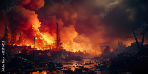 a fire in an industrial area at night, street view, explosion ,